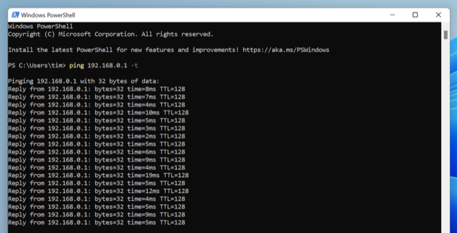 Выполнение команды ping в PowerShell на Windows 11