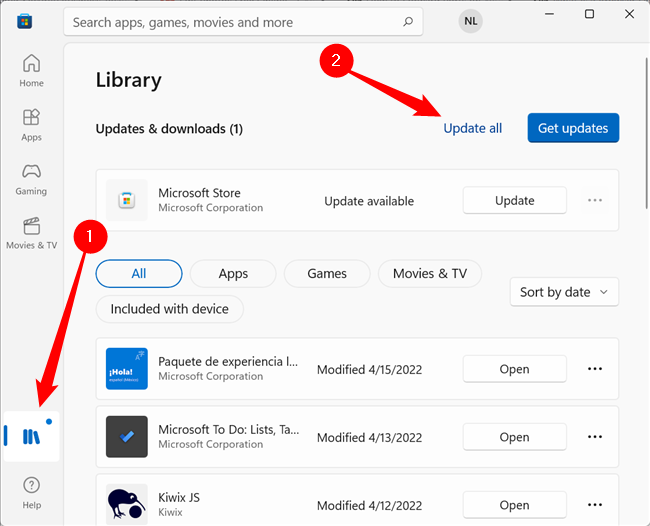 Нажмите кнопку «Библиотека», затем «Обновить все» в магазине приложений.