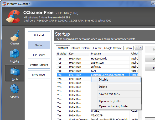 Отключение автозапуска в CCleaner на Windows 7