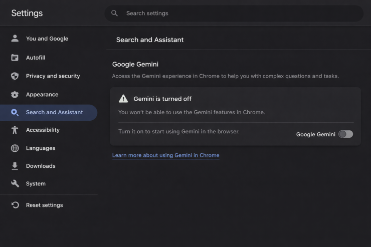 Как отключить Gemini в Chrome