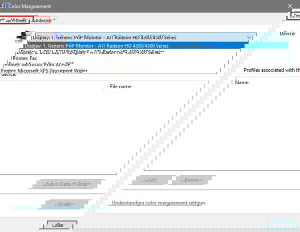 Окно 'Управление цветом' с вкладками устройств и профилей