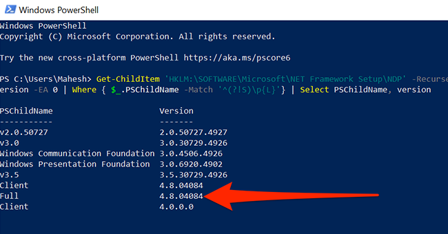 Просмотр версии .NET Framework в PowerShell.