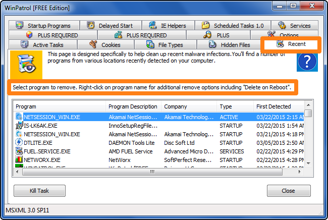 Список недавно запущенных программ с опцией завершения процесса в WinPatrol