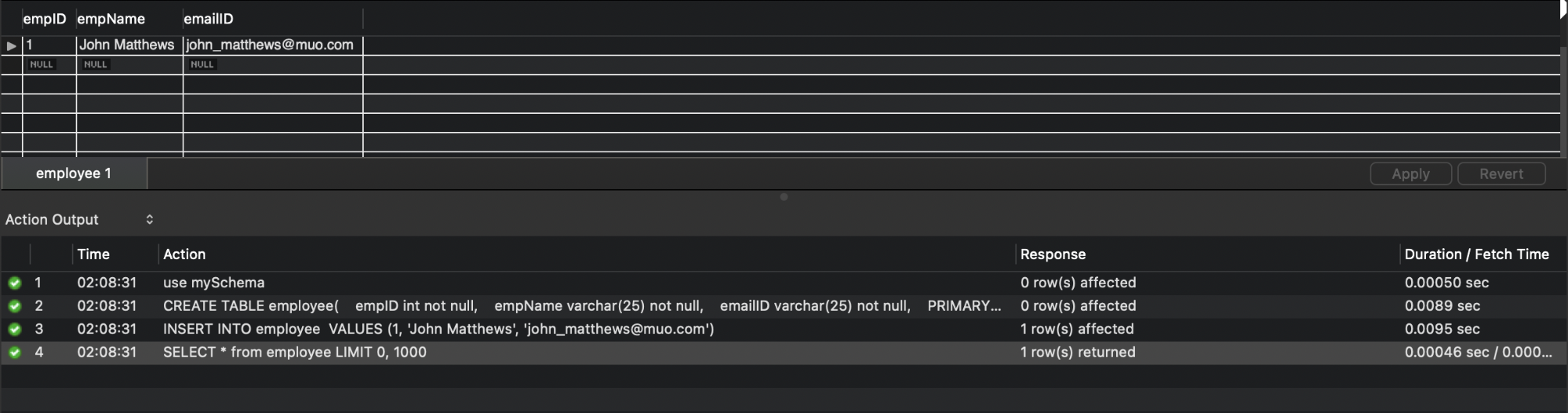 Сообщение об успешном выполнении SQL-запроса в MySQL Workbench