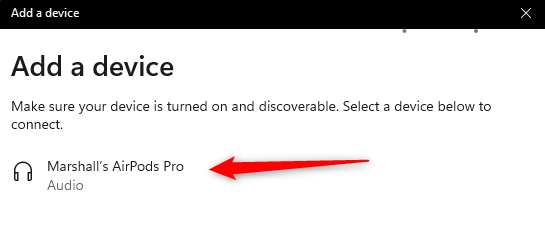 Выбор AirPods в списке найденных Bluetooth-устройств.