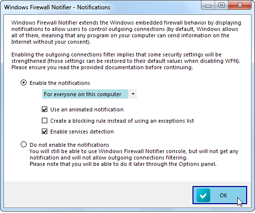 Диалог включения уведомлений исходящих подключений в брандмауэре