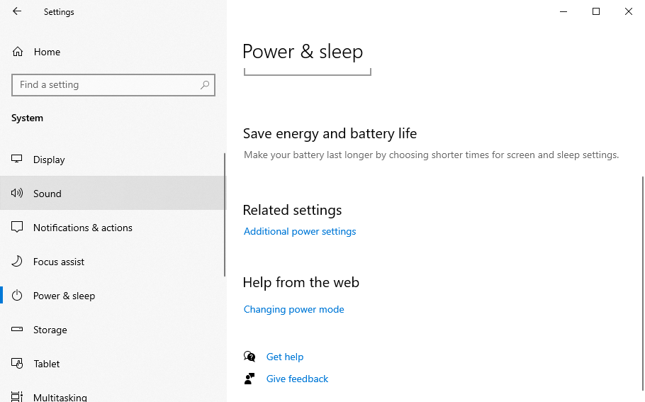 панель дополнительных параметров питания