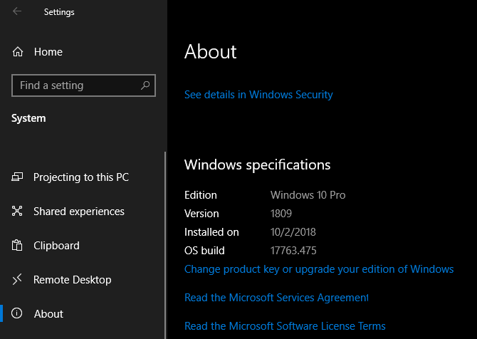 Windows 10 Specification Settings