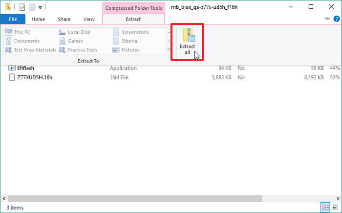 Процесс извлечения архива с файлами BIOS