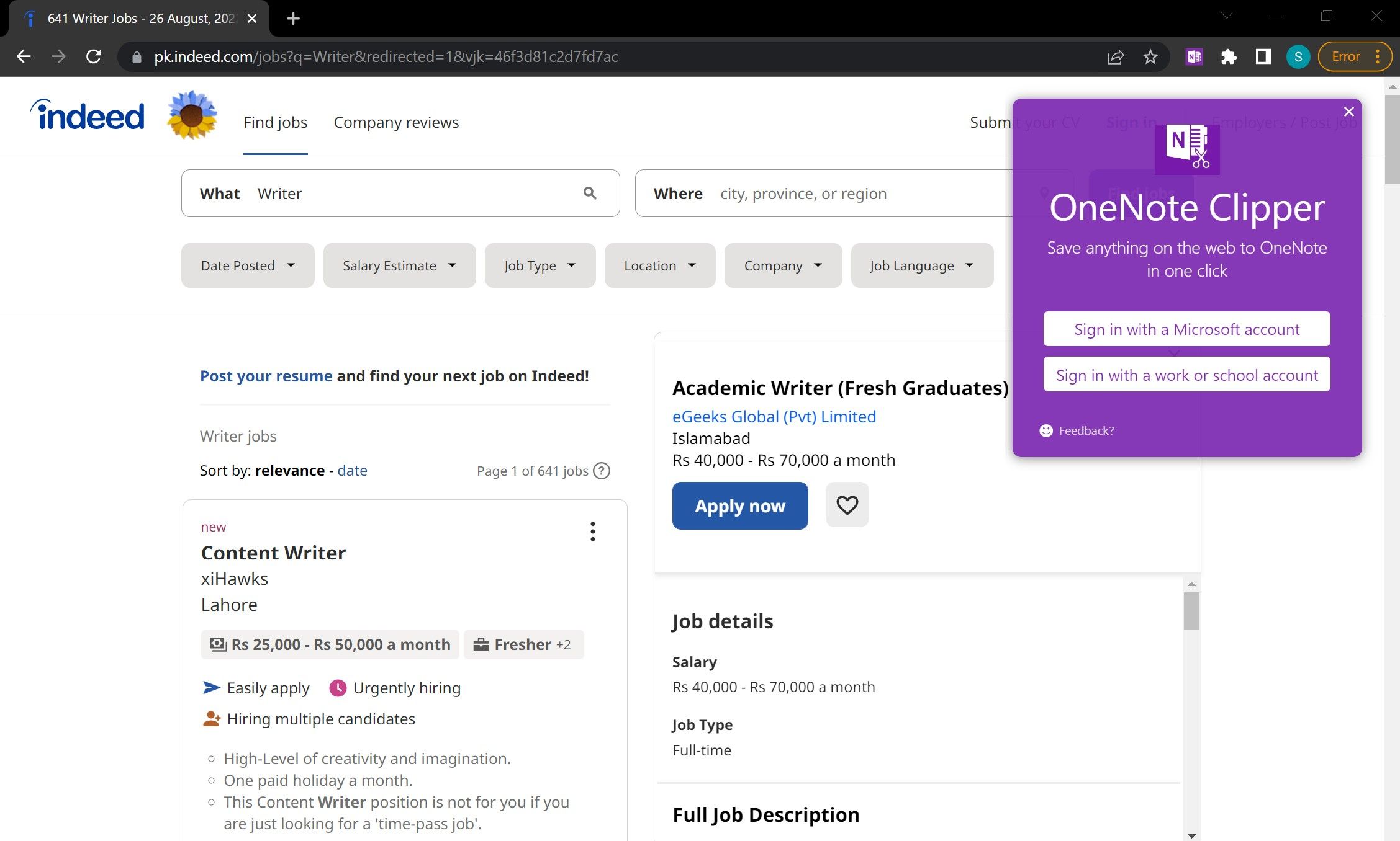 Вход в OneNote Web Clipper в Chrome