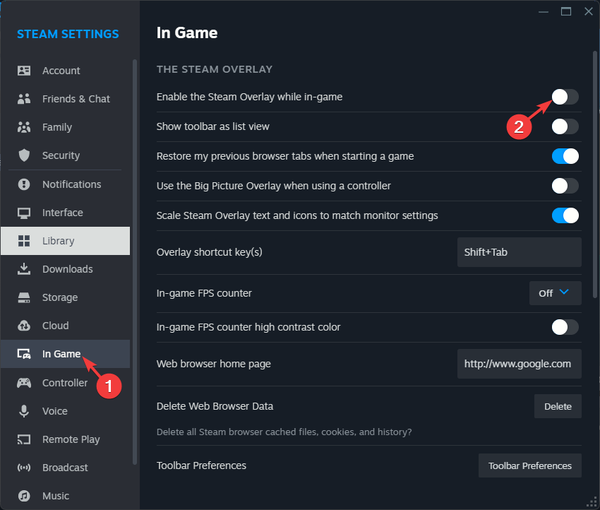 Отключение оверлея в Steam