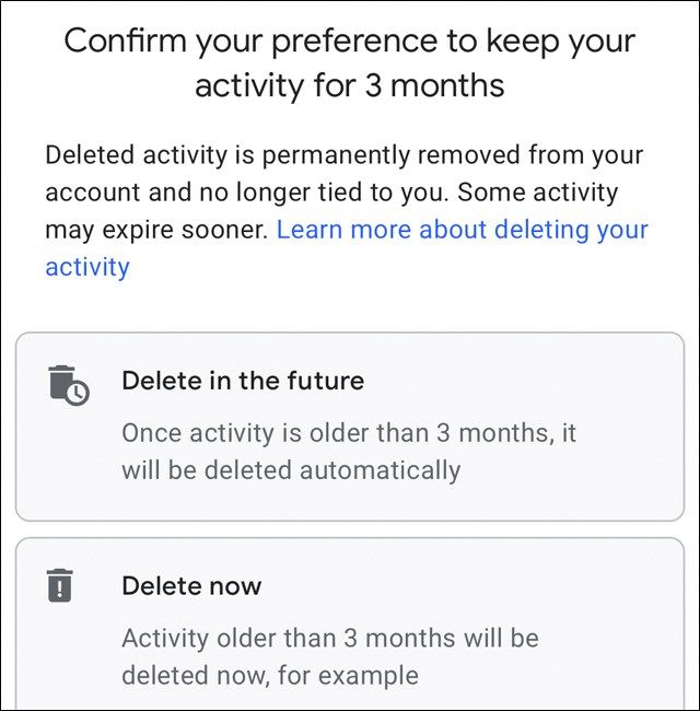 Страница подтверждения выбора автоматического удаления в мобильном приложении YouTube