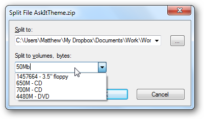 Изображение: выбор размера частей перед разделением