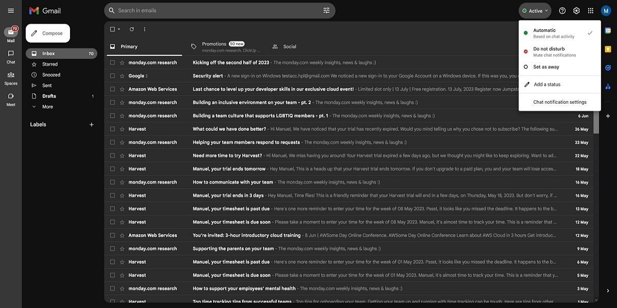 Изменение статуса Google Chat в веб‑интерфейсе