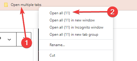 Контекстное меню папки закладок с опцией «Открыть все»