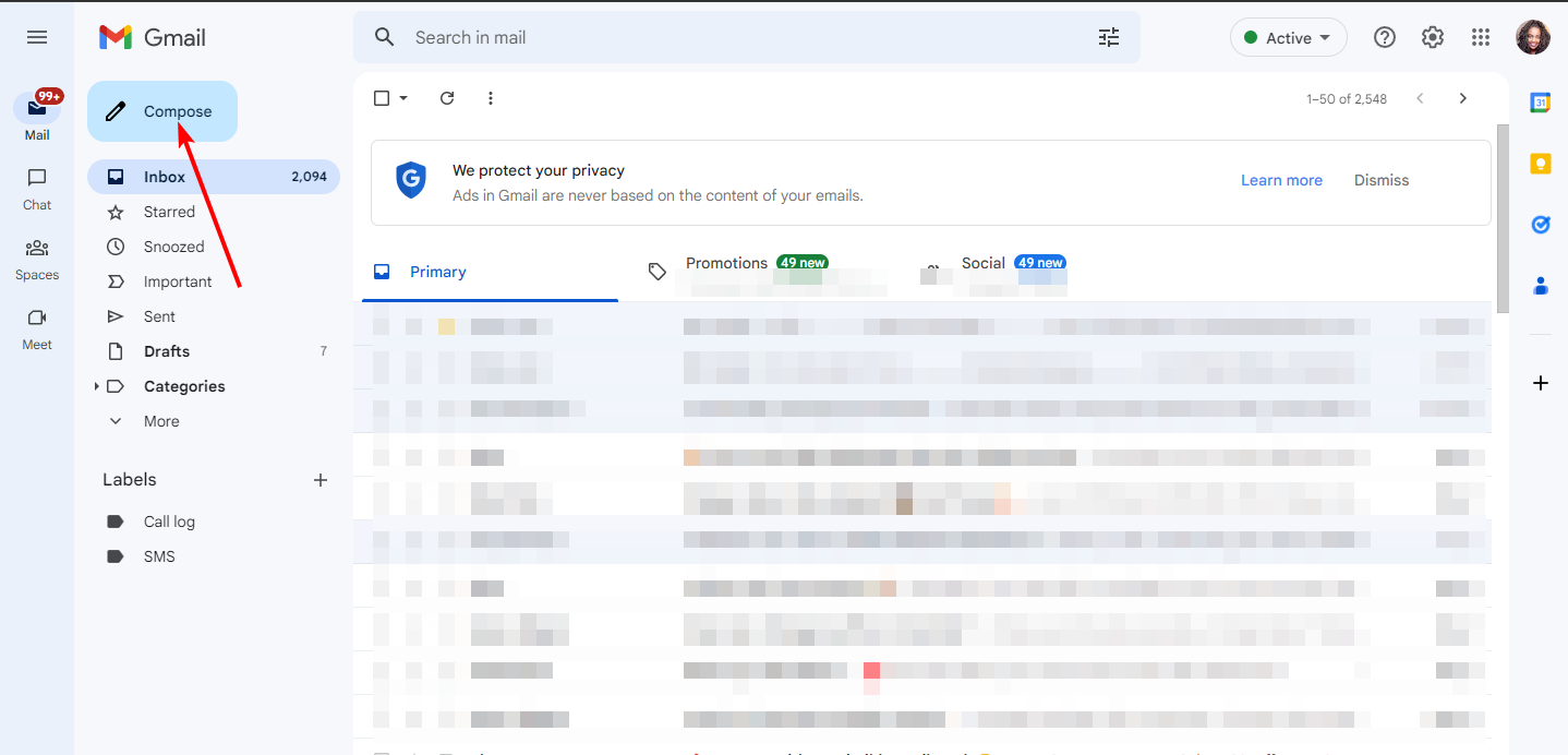 Интерфейс Gmail: кнопка Написать