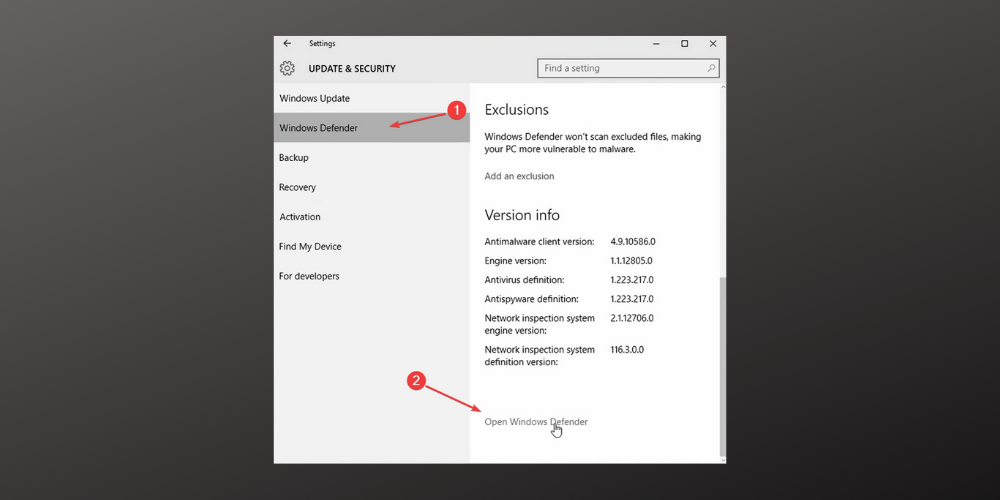 Запуск Windows Defender и выбор полного сканирования