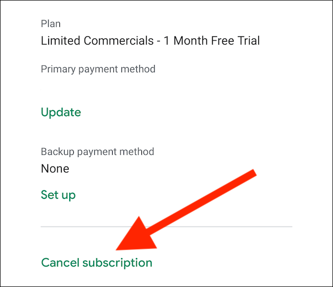 Ссылка Отменить подписку в детальной странице подписки Google Play