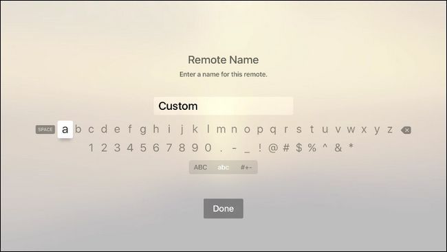 Экран ввода имени профиля пульта на Apple TV