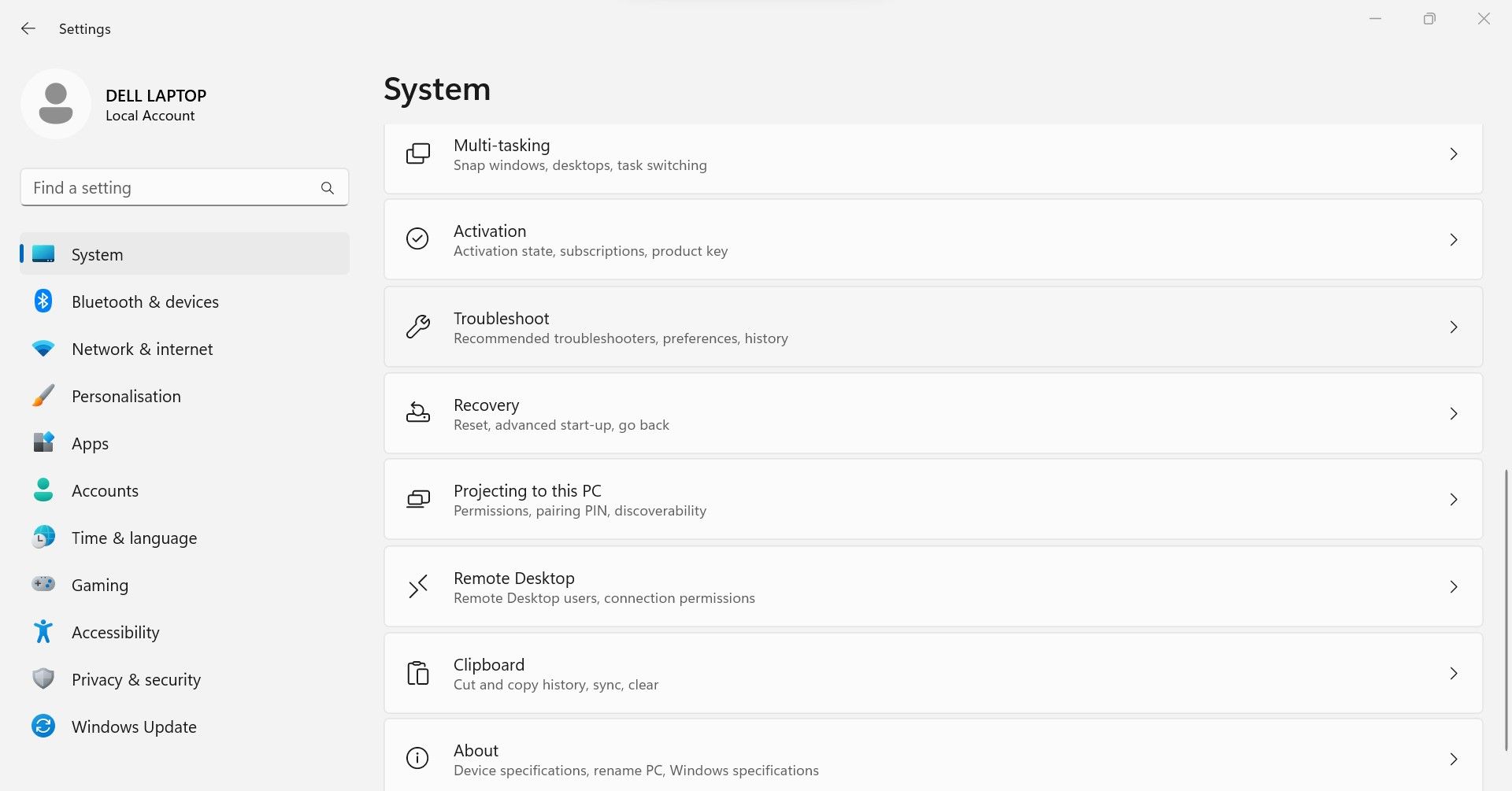 Выбор пункта «Устранение неполадок» в разделе «Система» настроек Windows