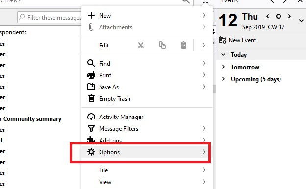Изображение: пункт настроек Thunderbird — Options → General