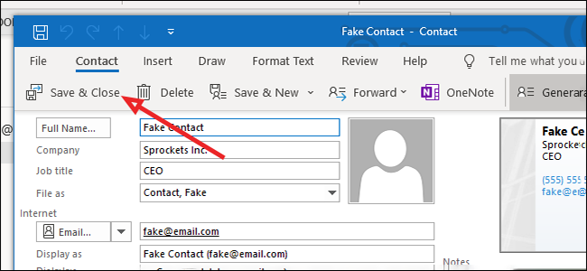 Окно сохранения контакта в Outlook