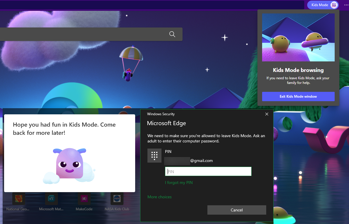 Параметр выхода из Kids Mode с запросом пароля администратора