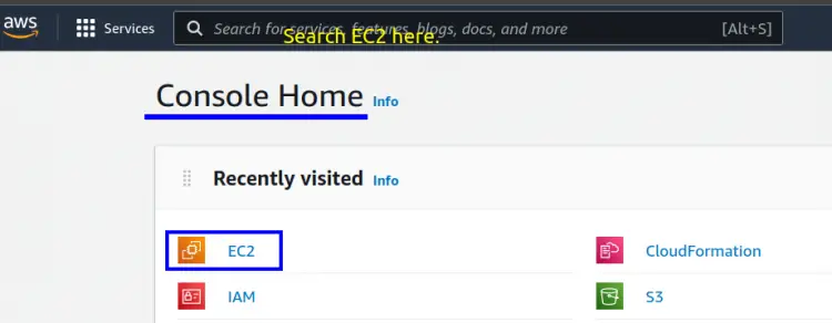 Переход к панели EC2 через поиск