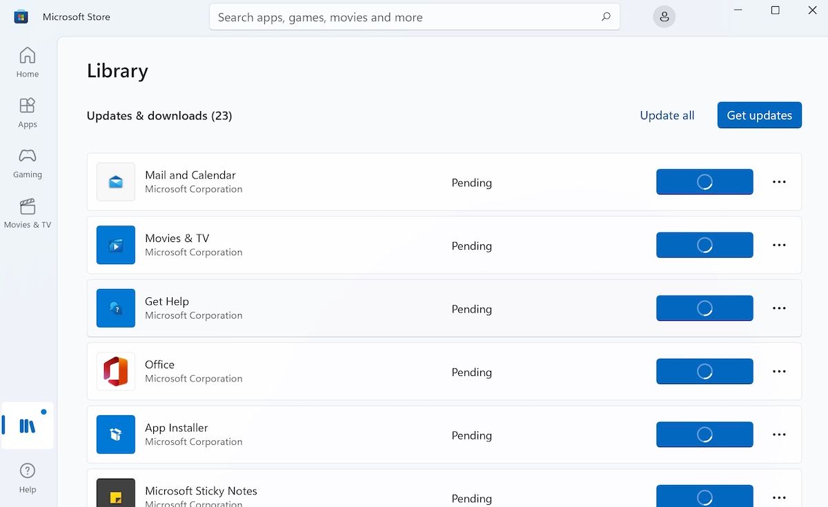экран Microsoft Store с кнопкой «Получить обновления»