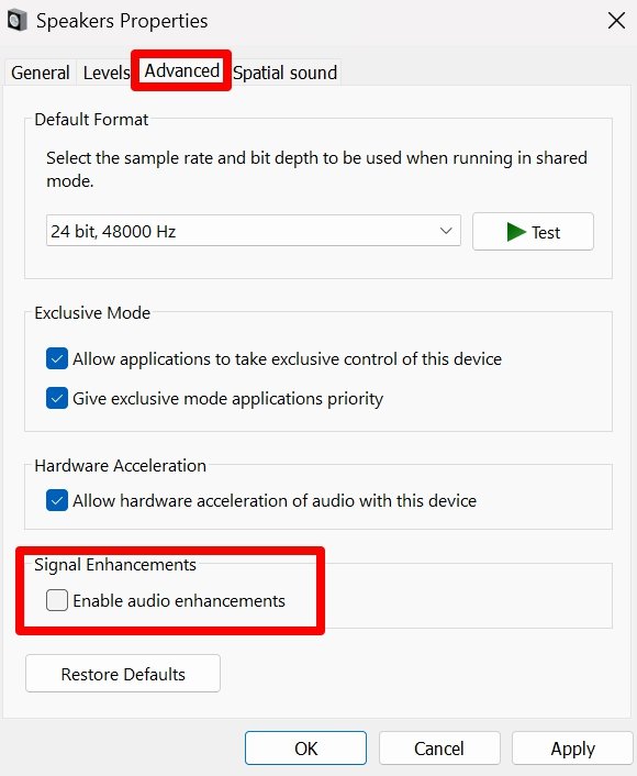 Отключение улучшений звука в Windows 11