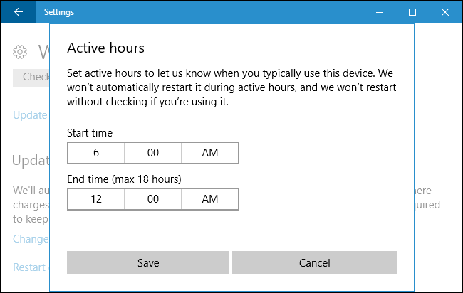 Пример диапазона часов активности 6:00–0:00