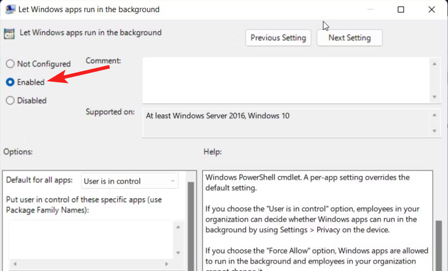 Параметр 'Let Windows apps run in the background' включён в редакторе групповой политики