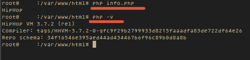 /файл: вывод команды php -v и тест info.php в терминале