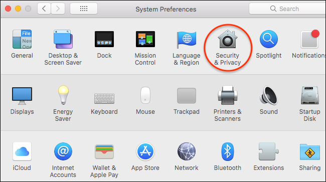 Окно Системные настройки — Защита и безопасность