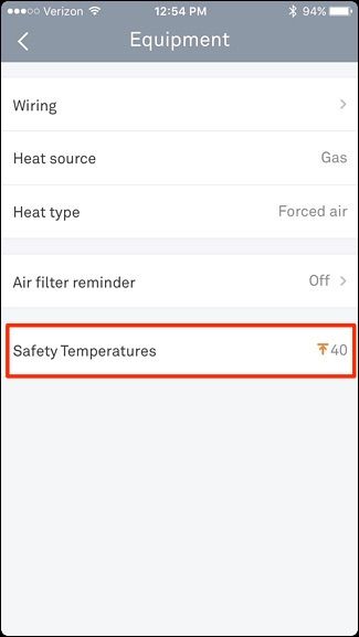 Пункт меню Safety Temperatures в приложении Nest
