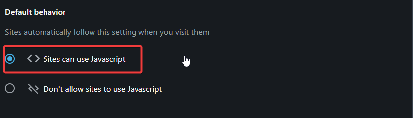 Снимок экрана: настройки JavaScript в Opera One