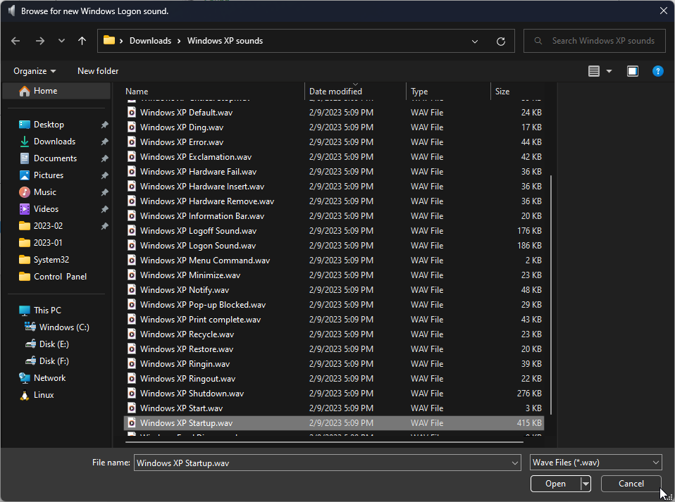 Открытие файла .wav для звука входа в систему