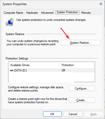 Скриншот окна Защита системы с кнопкой Восстановление системы