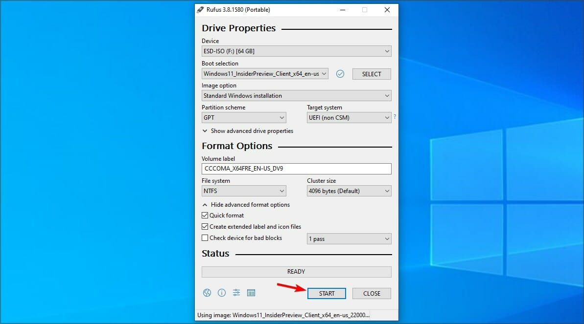 Кнопка Start в Rufus для начала создания загрузочного носителя