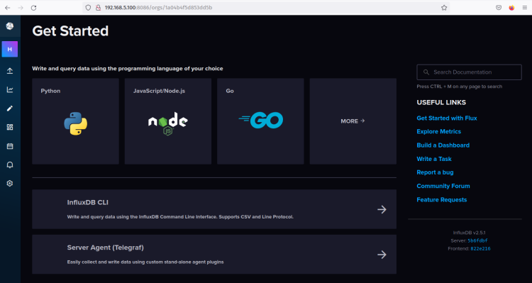 Веб-панель InfluxDB после входа