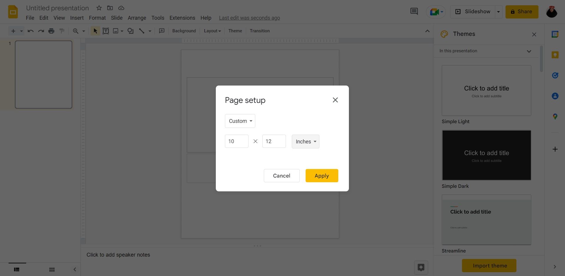 Настройка размера панели в Google Slides