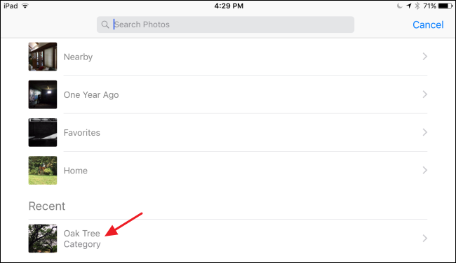Список недавних поисков в приложении «Фото»