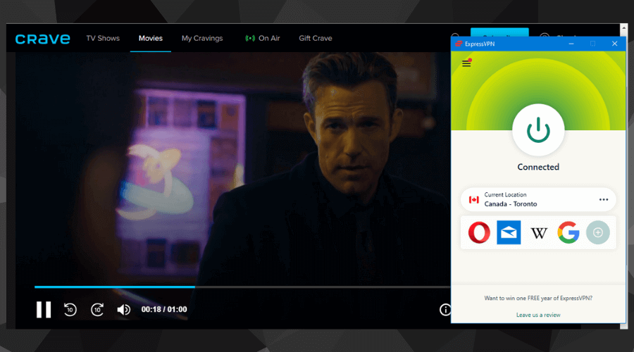Screenshot showing Crave working with ExpressVPN