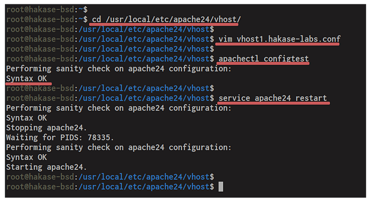 Результат проверки и перезапуска Apache
