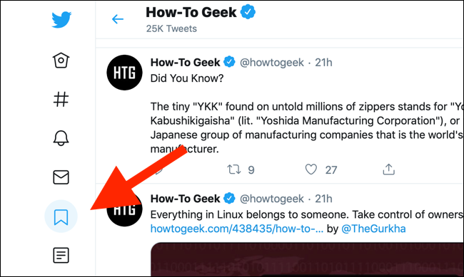 Кнопка «Закладки» в боковой панели веб‑сайта Twitter