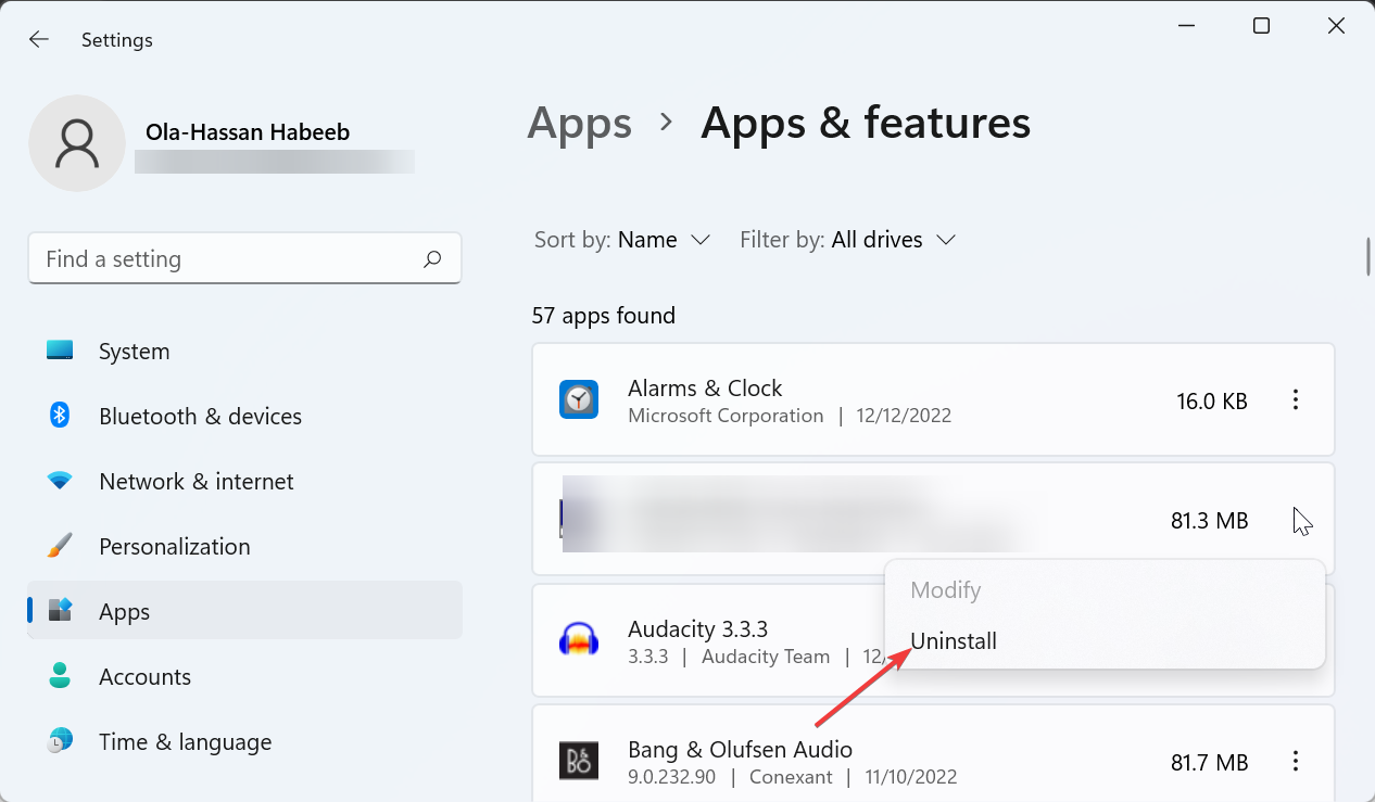 Schermata 'Disinstalla' per uTorrent nelle impostazioni di Windows