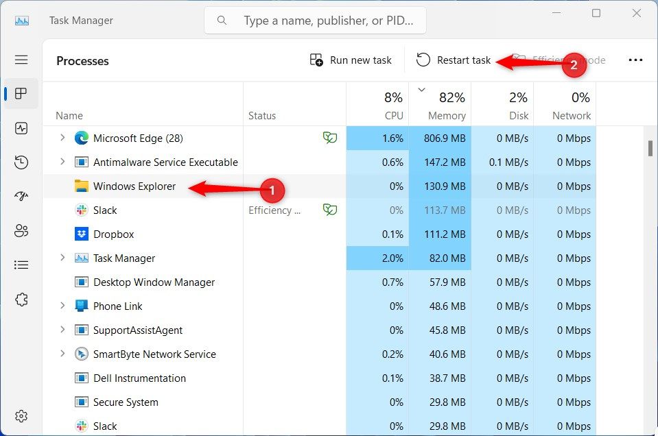 Диспетчер задач Windows 11: перезапуск Проводника