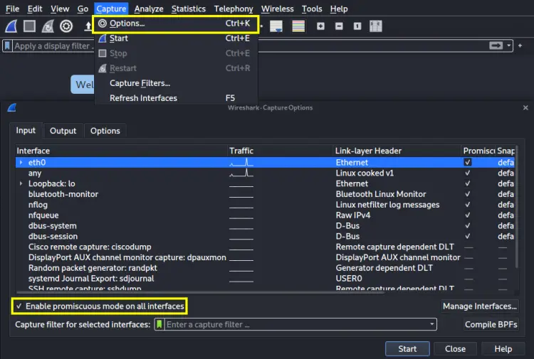 Включение режима прослушки (promiscuous mode)