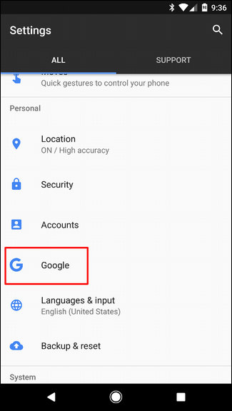 Меню Google в настройках Android — раздел 'Услуги'