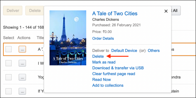 Нажмите Удалить у книги на Amazon